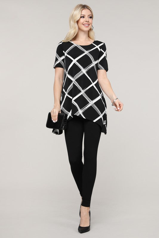 Black and Ivory Windowpane Asymmetrical Tunic