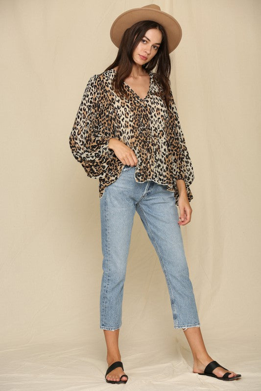 Long sleeve accordion pleats crepe chiffon top
