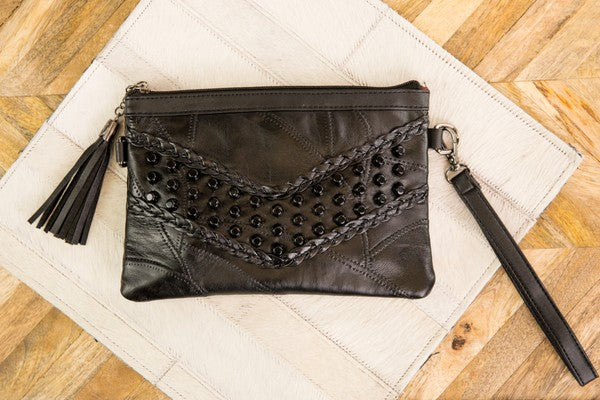 V Studded Black Wristlet Clutch Handbag