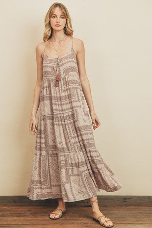 Paisley Patch Tiered Maxi Dress