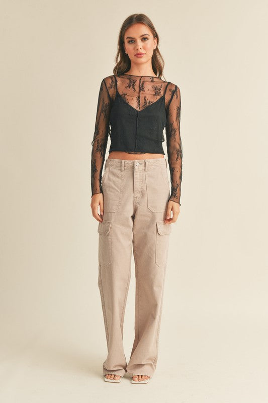 Long Sleeve Lace Fabric W Lining Insert Top