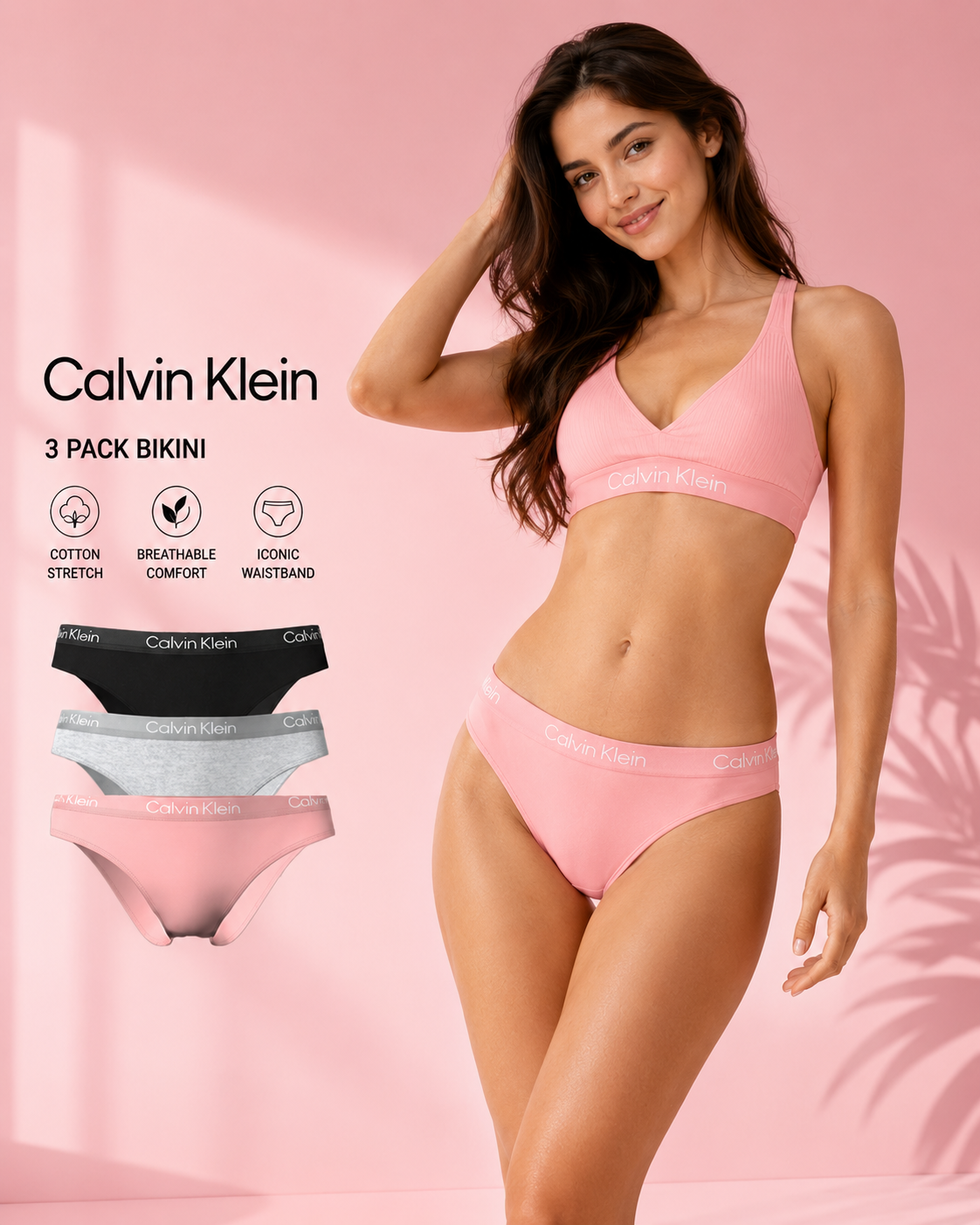 CK BIKINI 3 PACK BLACK/ GREY HEATHER/ POWDER PINK QP2349O