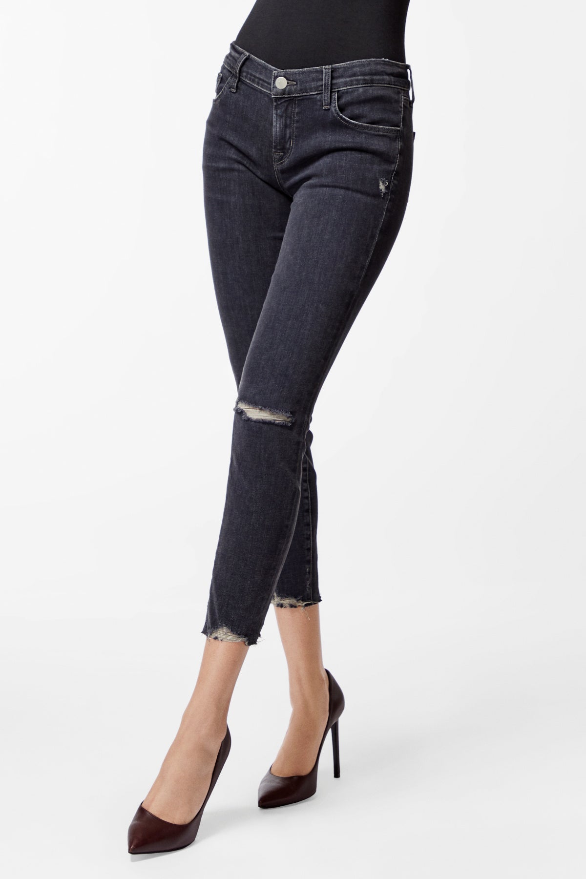 j brand, denim, womens denim, womens, cropped, suede, skinny, highrise, knee rips
