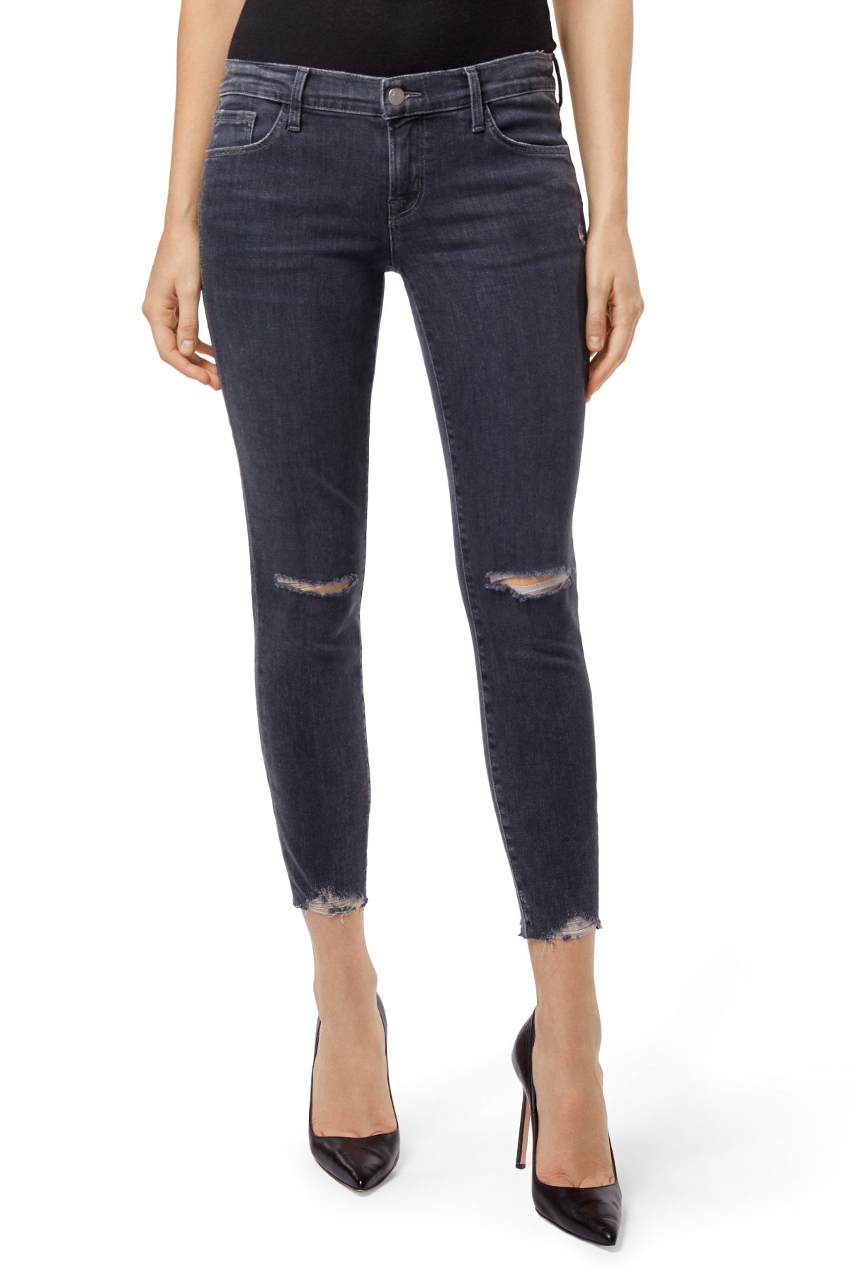 j brand, denim, womens denim, womens, cropped, suede, skinny, highrise, knee rips