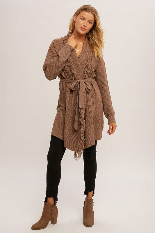 Cable Knit Fringe Belted Wrap Long Cardigan