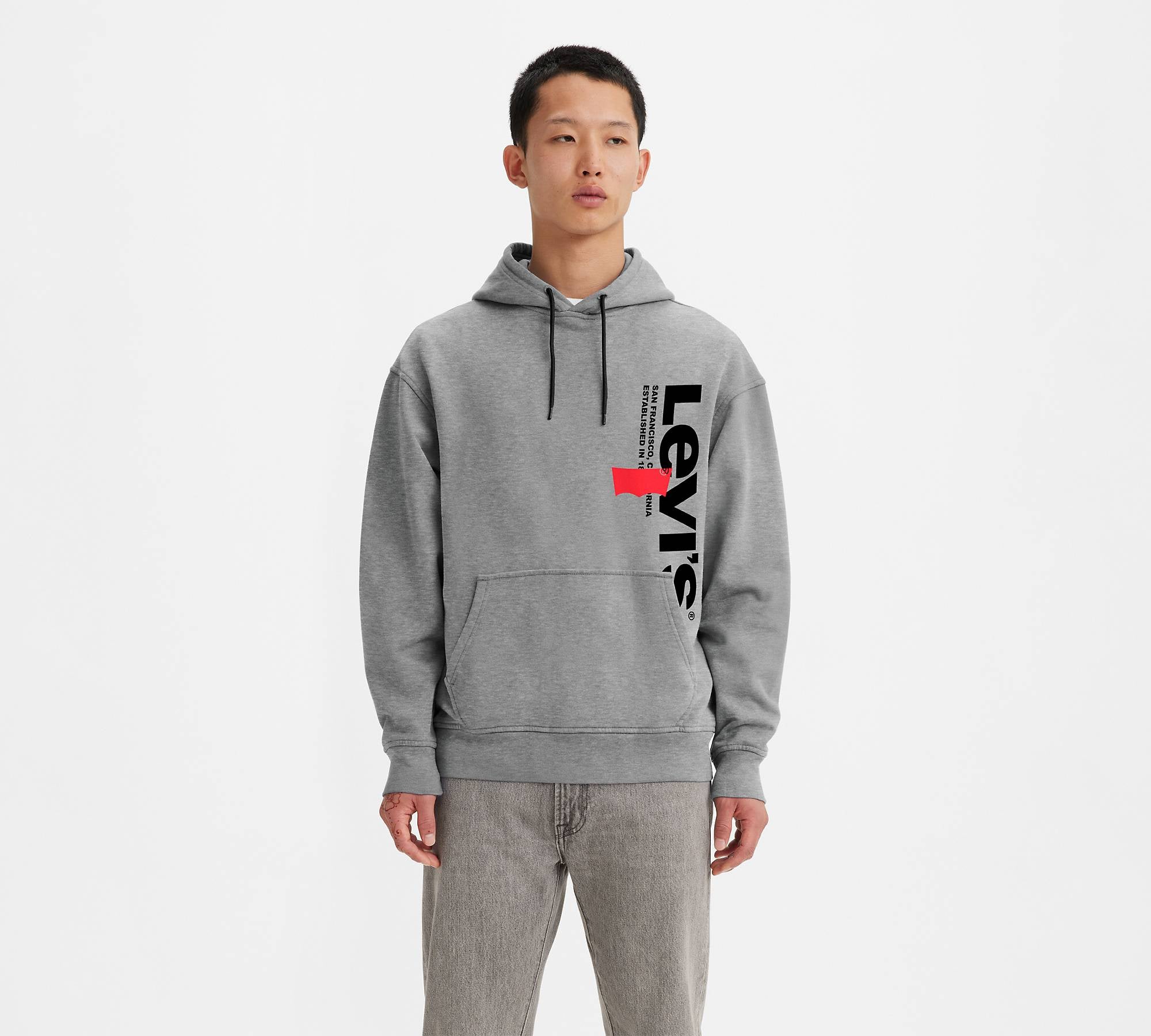 Relaxed Fit V-Neck Kangaroo Pocket Graphic Fleece Hoodie