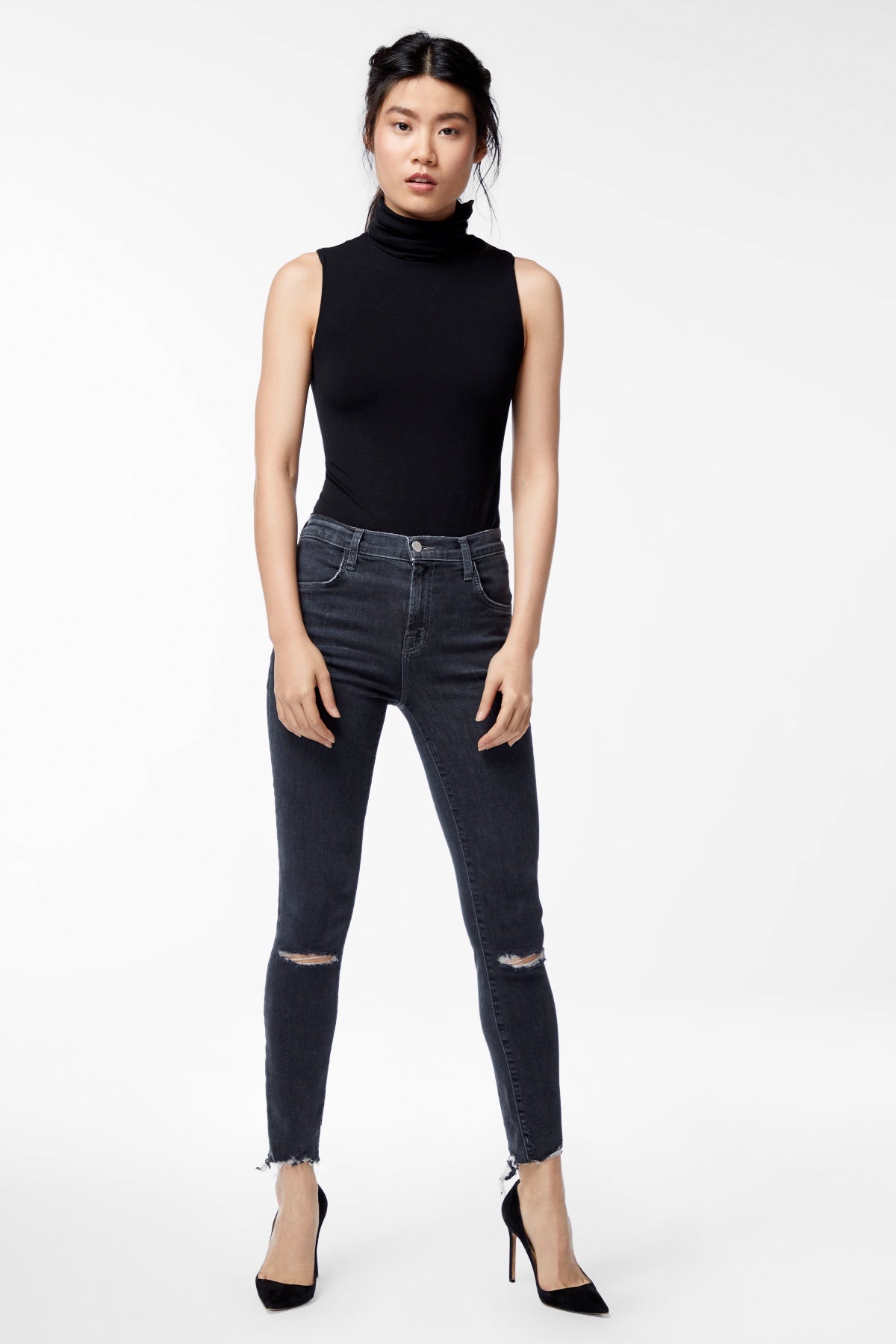 j brand, denim, womens denim, womens, cropped, suede, skinny, highrise, knee rips