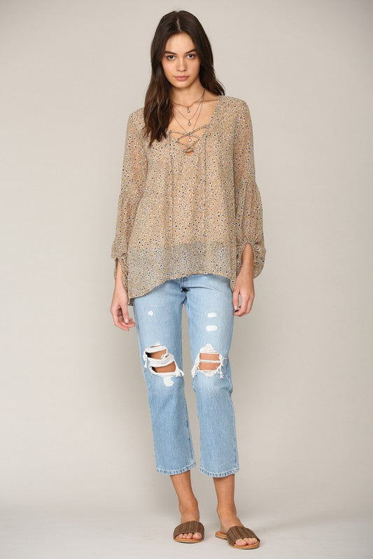 Long Puff Sleeve Laced Up Woven Crepe Chiffon Top