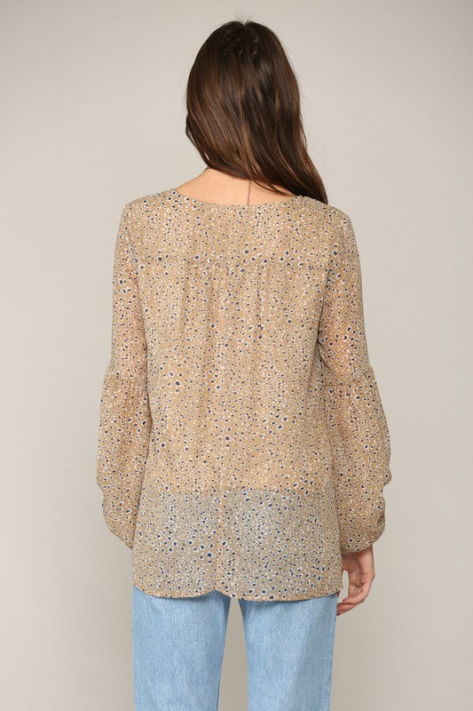 Long Puff Sleeve Laced Up Woven Crepe Chiffon Top