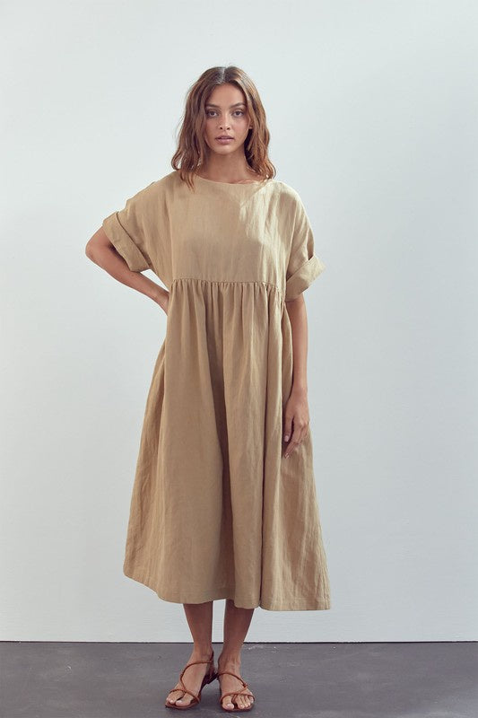 Short sleeve back ties volumed midi rami dress
