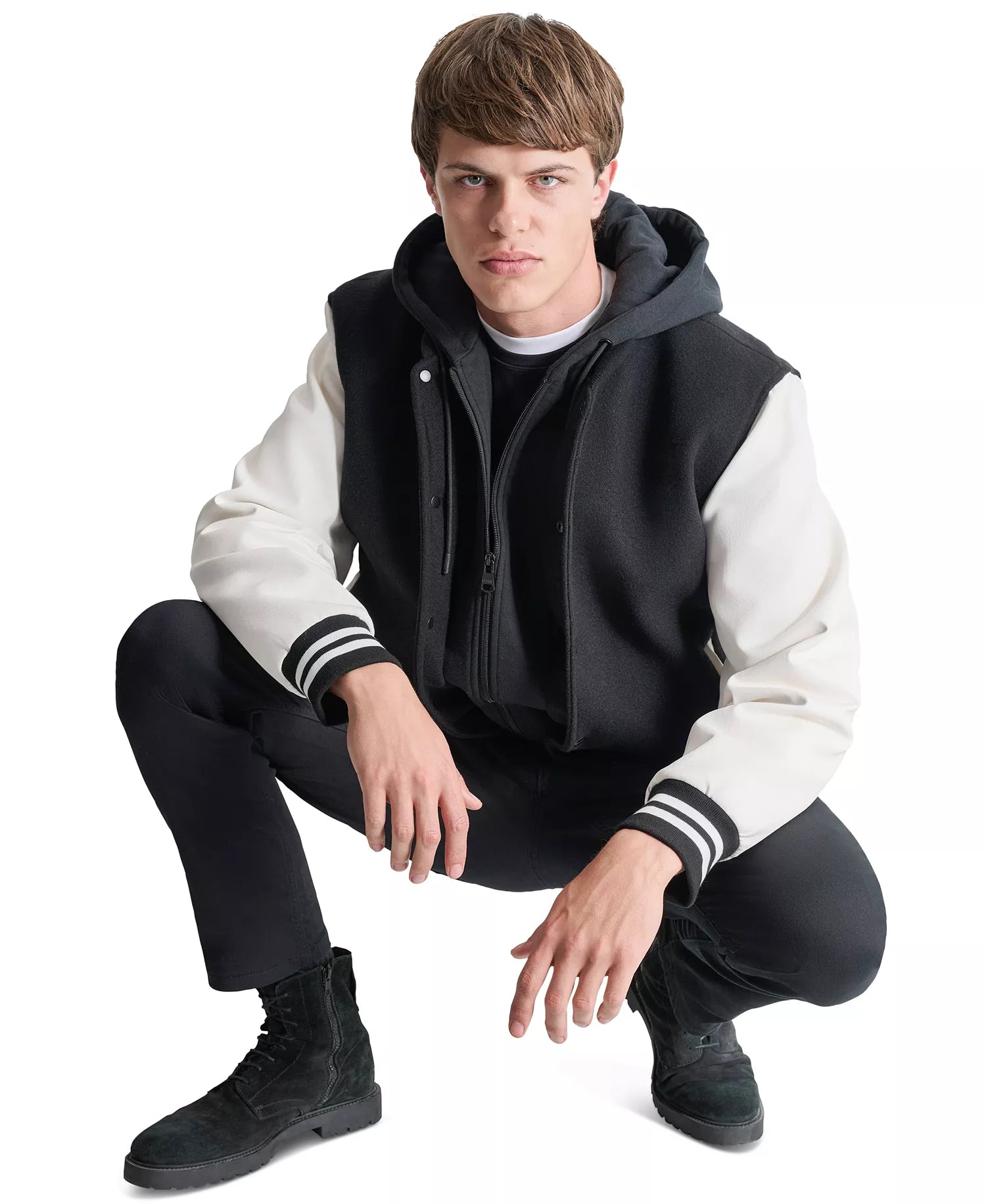 DKNY Men's Colorblocked Removable Hood Varsity Jacket