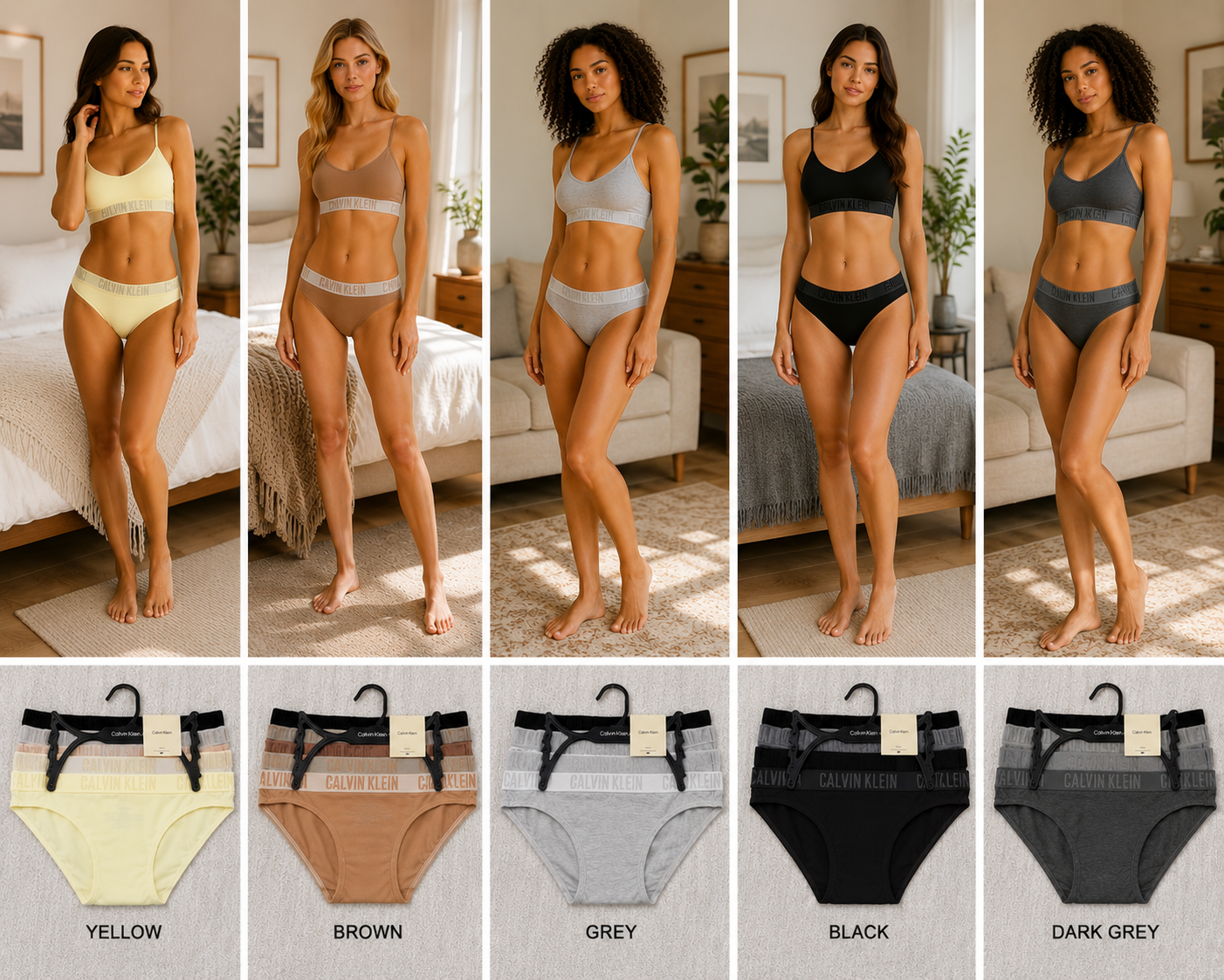 CK CHEEKY BIKINI 5PK BLACK/ GREY HTR/ CEDAR/ SNOW HTR/ AIRY GREEN