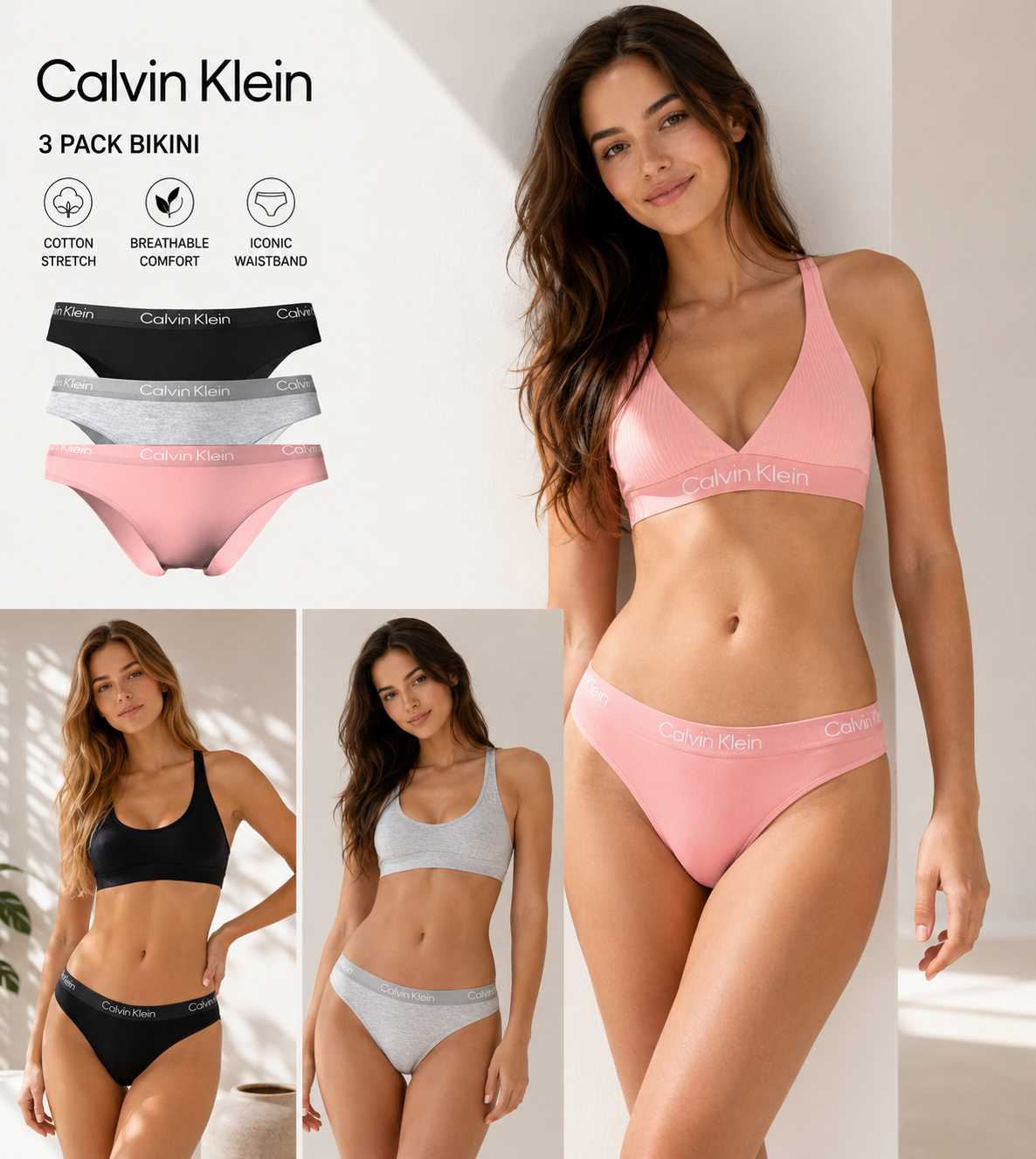 CK BIKINI 3 PACK BLACK/ GREY HEATHER/ POWDER PINK QP2349O