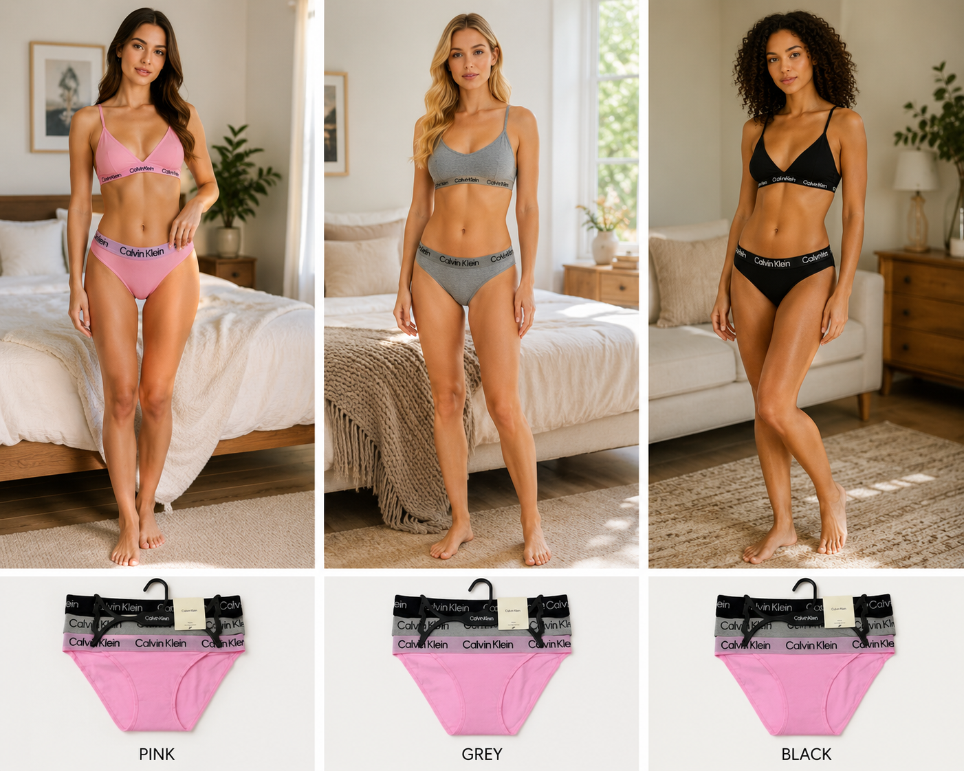 CK STRING BIKINI 3PK BLACK/ GREY HTR/ PINK ESSENCE