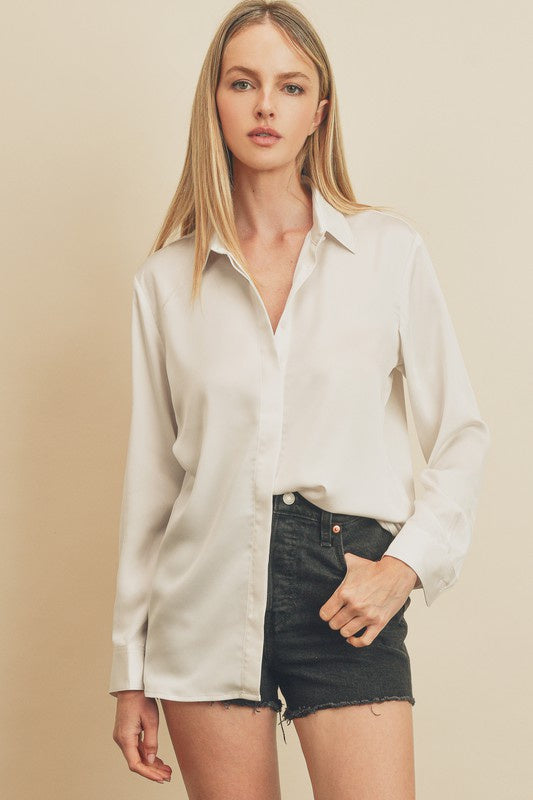 Satin Hidden Button Down Shirt