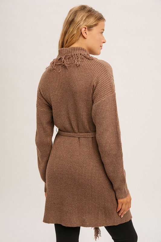 CABLE KNIT FRINGE BELTED WRAP LONG CARDIGAN