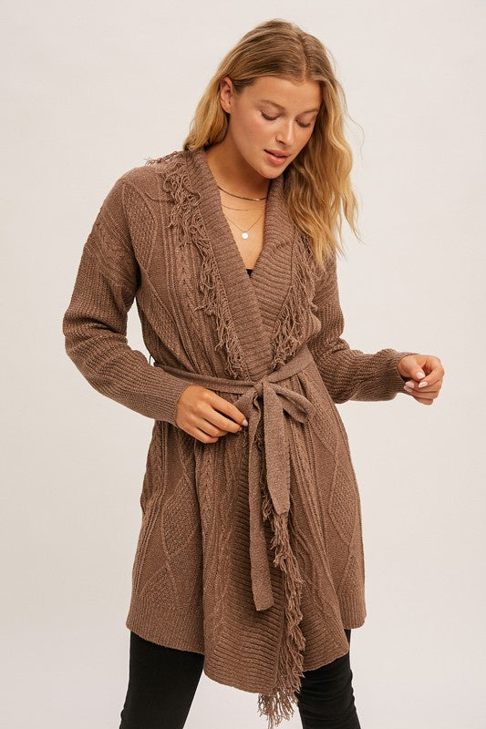 CABLE KNIT FRINGE BELTED WRAP LONG CARDIGAN