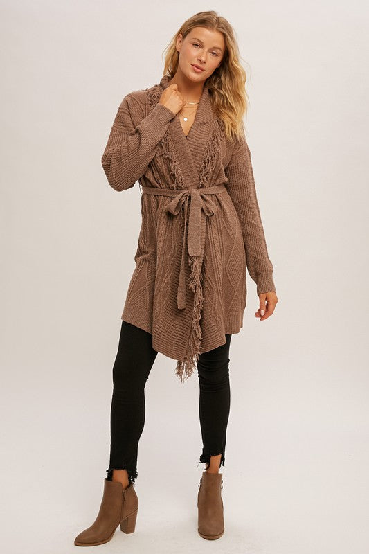 CABLE KNIT FRINGE BELTED WRAP LONG CARDIGAN